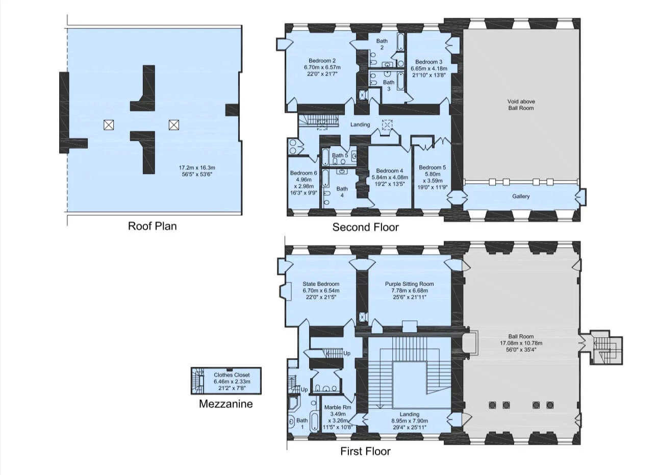 Floor plan of the First Floor and Second Floor of the Great Stair & Library, including the Ball Room, State Bedroom, Purple Sitting Room, Marble Room and Landing, and five further bedrooms on the Second Floor, plus a Roof Plan and Mezzanine clothes closet