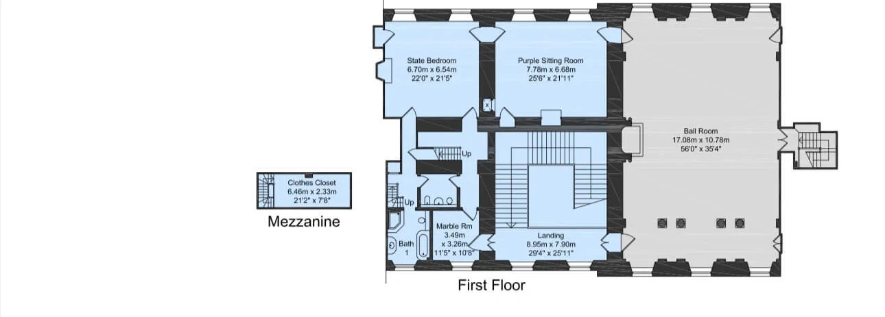 Floor plan of the First Floor, with the rooms pictured below outlined