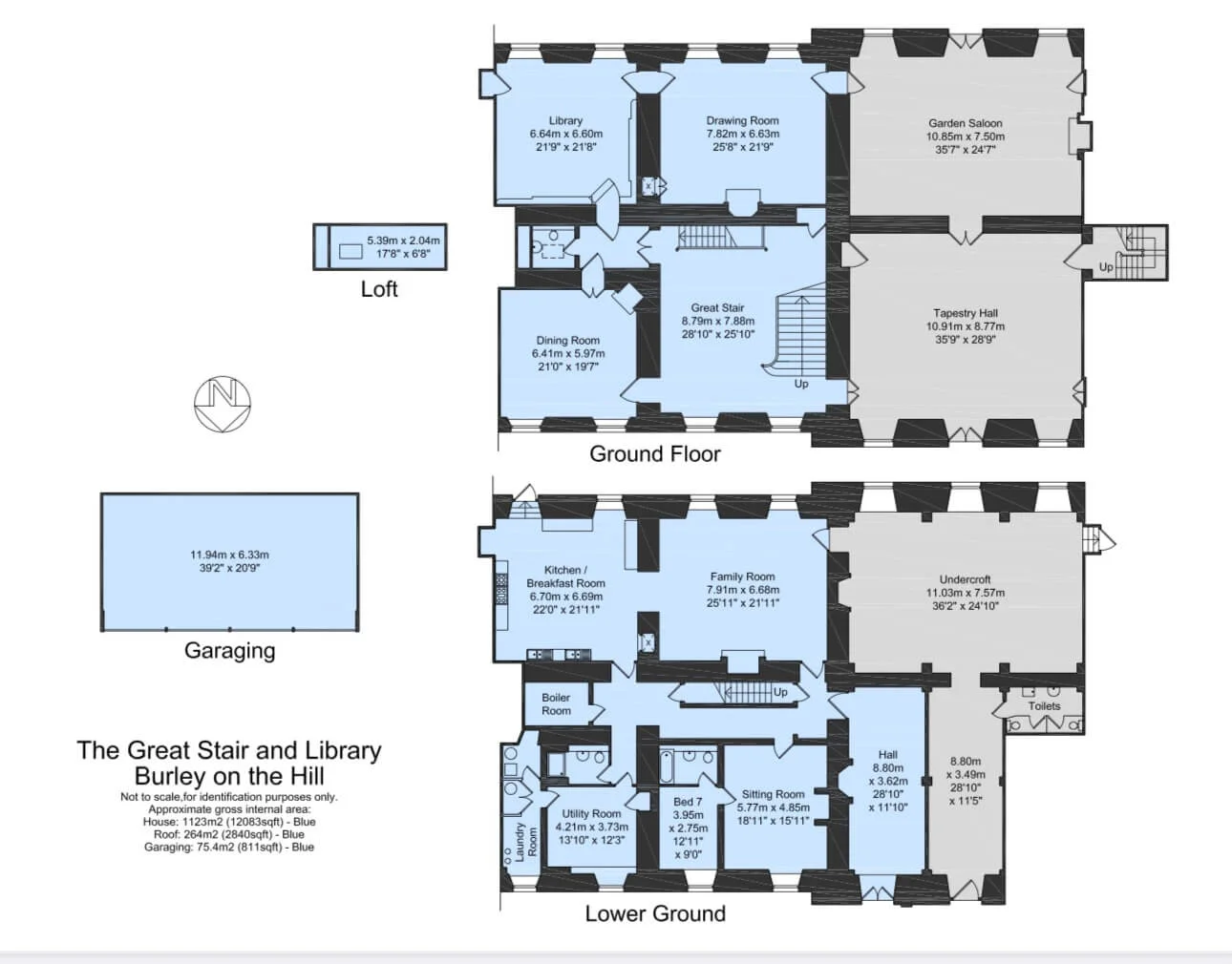 Floor plan of the Ground Floor and Lower Ground of the Great Stair & Library, including the Great Stair, Library, Drawing Room, Dining Room, Garden Saloon, Tapestry Hall, Kitchen/Breakfast Room, Family Room, Undercroft, Sitting Room, Bedroom 7, and Utility Room, plus a separate Loft and Garaging block