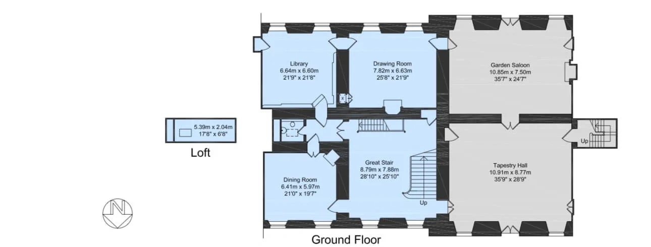 Floor plan of the Ground Floor, with the rooms pictured below outlined