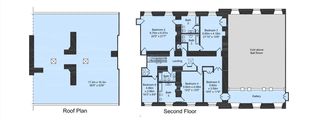 Floor plan of the Second Floor, with the rooms pictured below outlined