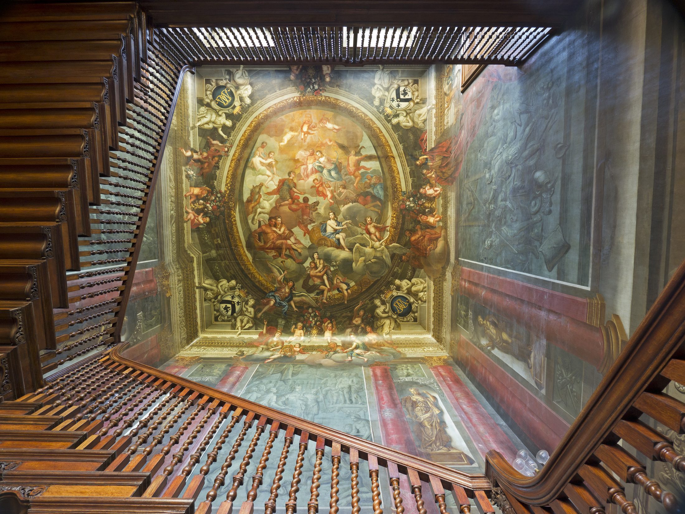 The painted ceiling of the Great Stair, seen on the angle from the staircase itself