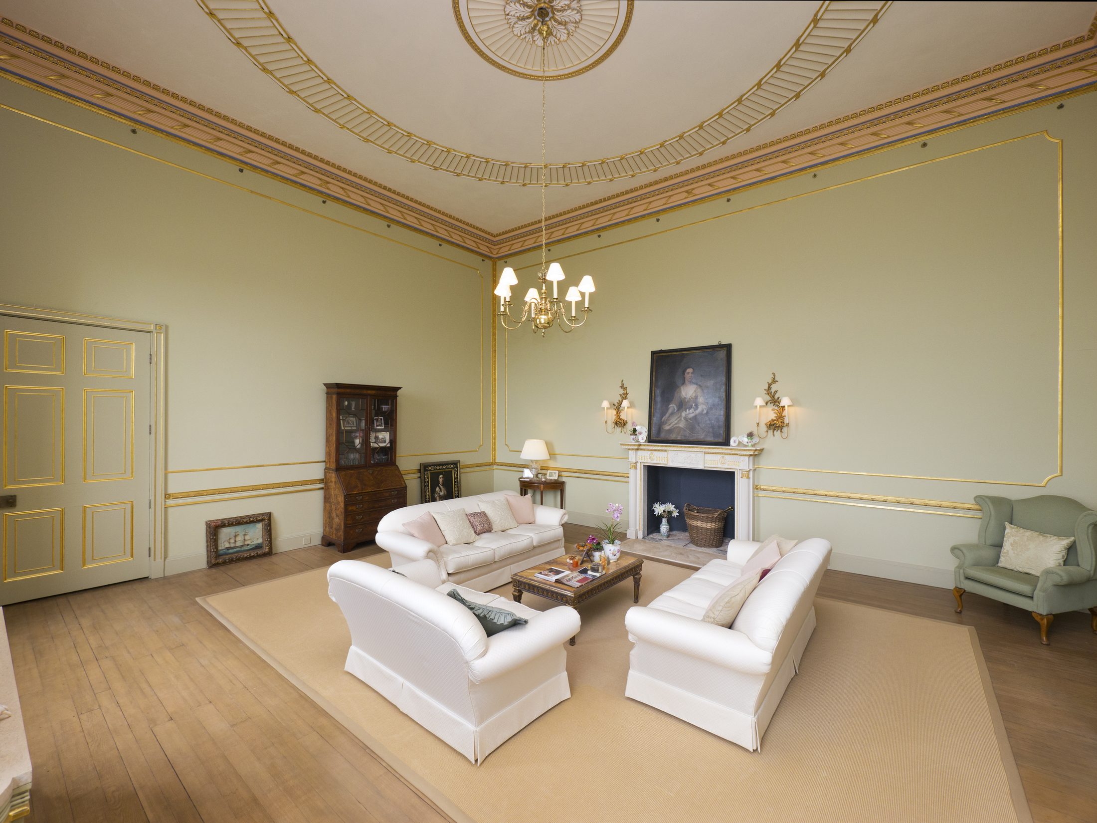 The Drawing Room, with pale green walls and a painted ceiling