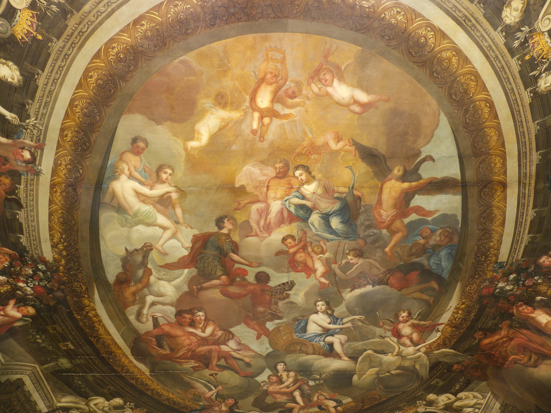 Another close-up of the Great Stair's painted ceiling, with a mythological scene in an ornate gilt frame